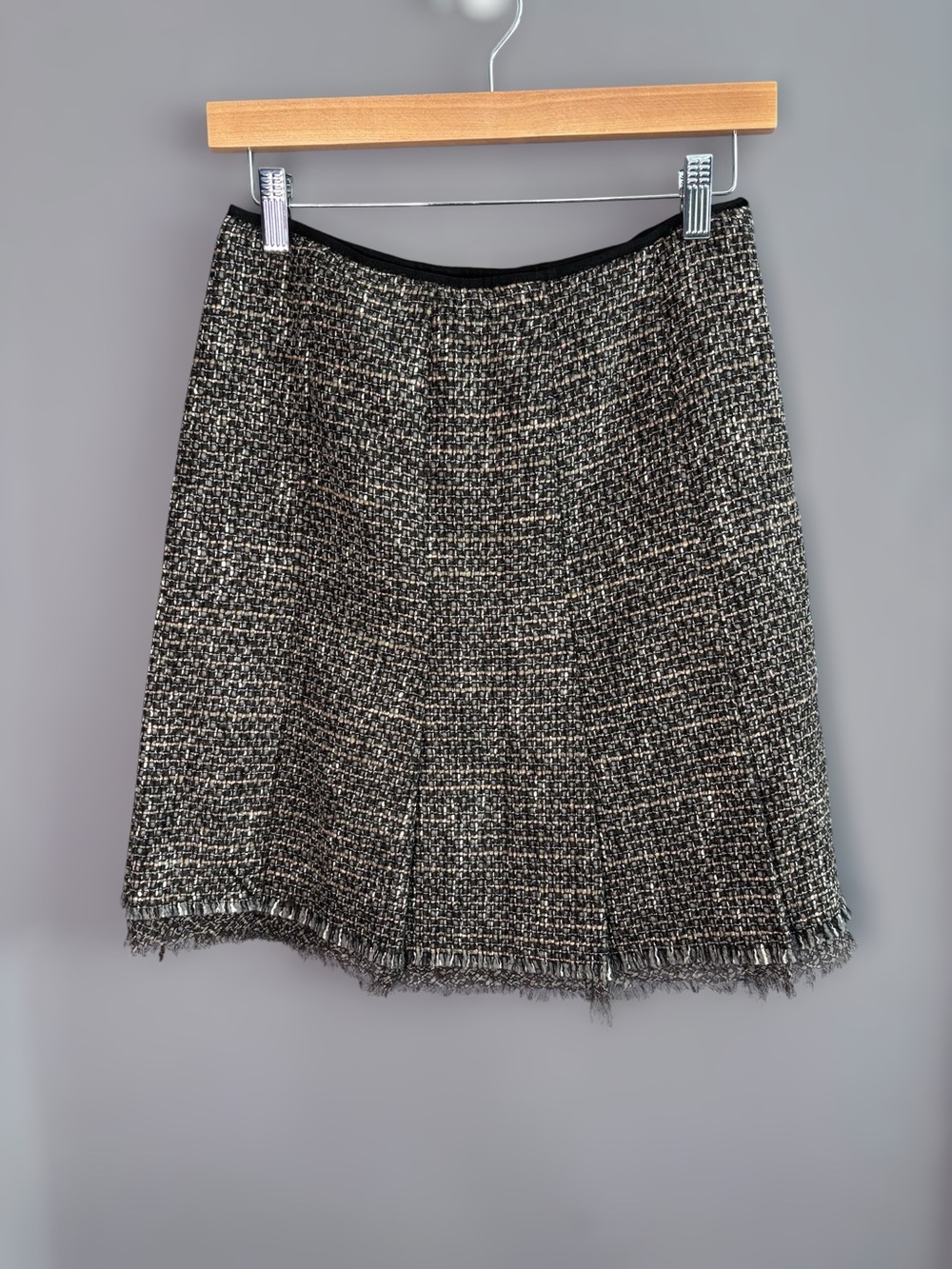 Elie Tahari Brown Virgin Wool Tweed Fringe Hem Pleated Skirt 4